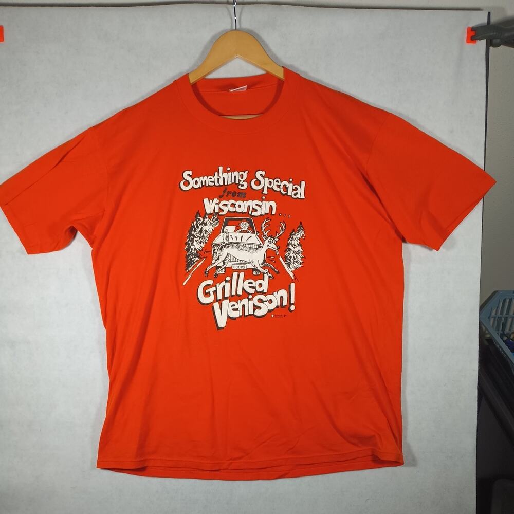 Vintage Jerzees T-Shirt Mens XL Orange Wisconsin Grilled Venison USA 80's Hunt